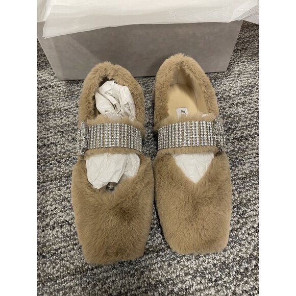 Jimmy Choo Faux Fur & Rhinestone Embellished Flats Size 37 Beige - Picture 1 of 8